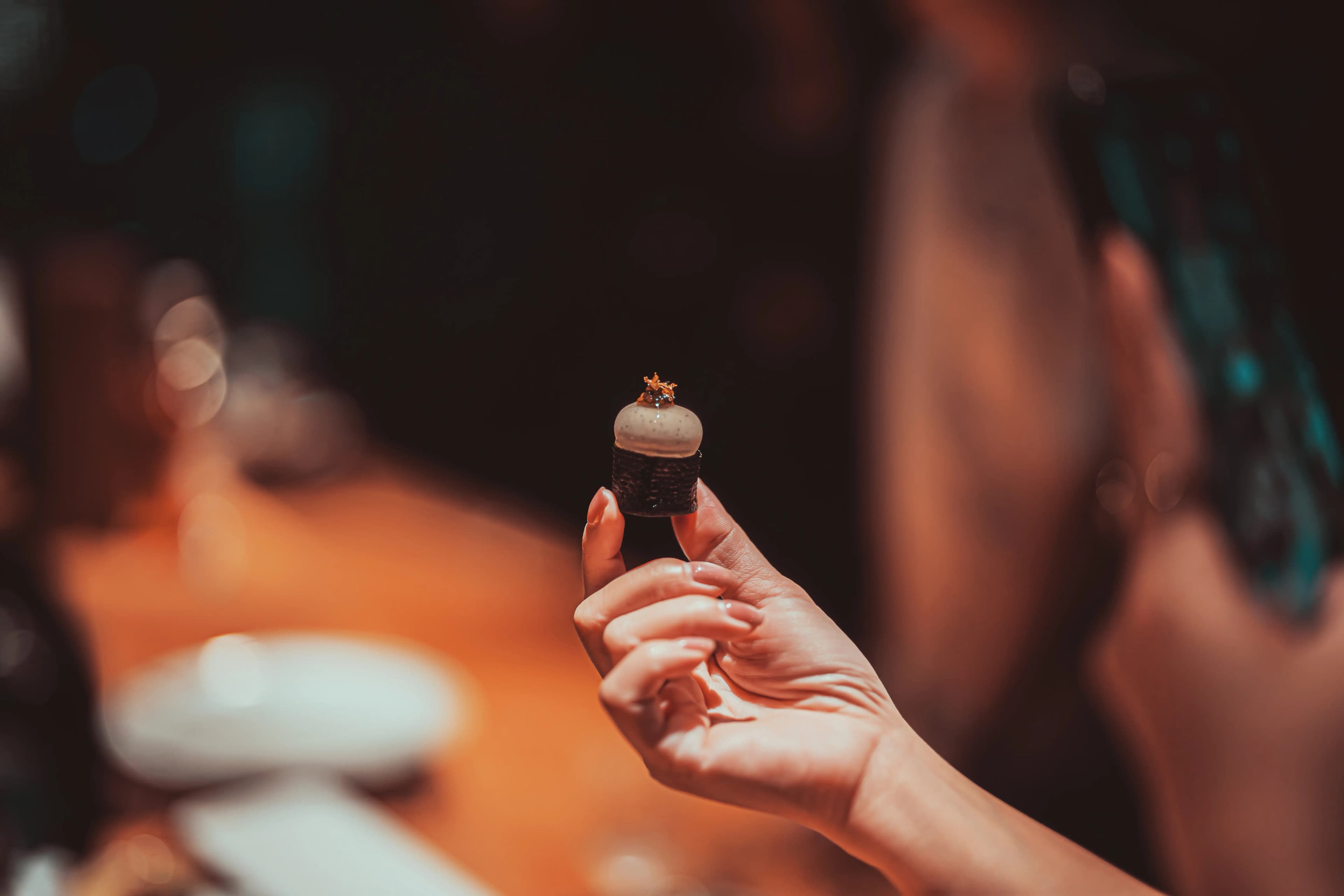 Deviled eggs crowned with caviar pearls
